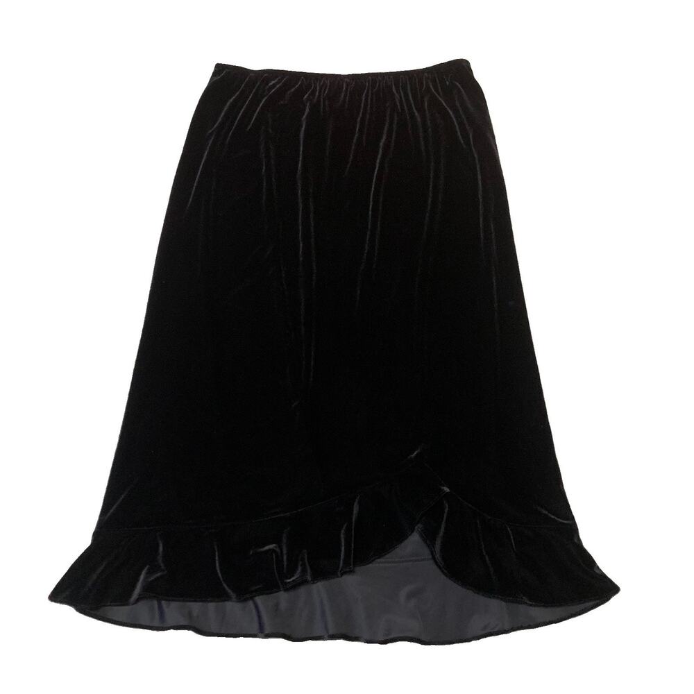 Vintage Black Velvet Midi Skirt Whimsigoth Asymmetrical Ruffle Y2K Petite XL